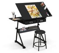 GIANTEX Table à Dessin avec Tabouret, Bureau à Dessin avec Hauteur Réglable, Tiroirs et Plateau Inclinable, Bureau d'Ecriture pour Beaux-Arts, Architectes, Ingénierie (Noir)
