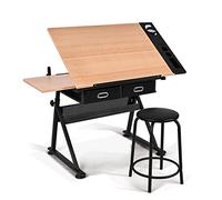GIANTEX Table à Dessin avec Tabouret, Bureau à Dessin avec Hauteur Réglable, Tiroirs et Plateau Inclinable, Bureau d'Ecriture pour Beaux-Arts, Architectes, Ingénierie (Naturel)