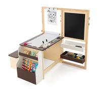 GIANTEX Table avec Tabouret Enfant 3 en 1, 3+ Ans , Chevalet Double Face Réglable, Rouleau de Papier, Grand Rangement, Café