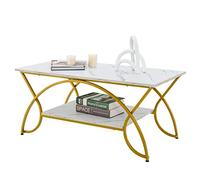 GIANTEX Table Basse à 2 Niveaux en Imitation Marbre, Table D'appoint Structure Ronde en Métal Doré, Style Moderne Élégant, pour Salon, Bureau, Chambre, 110 x 50 x 45 cm, Blanc