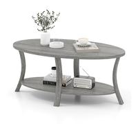 GIANTEX Table Basse à 2 Niveaux, Table d’Appoint Ovale avec Pieds Incurvés, Surface du Grain du Bois, Patins Antidérapants, Rangement pour Salon, Bureau, Salle d’Attente (Gris)