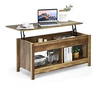 GIANTEX Table Basse à Plateau Relevable, Table Basse de Salon Industriel avec Compartiment Caché et 2 Étagères Inférieures pour Salon, Bureau, Chambre (Naturel)