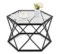 Giantex Table Basse Moderne avec Tablette en Verre Trempé Transparent, Table d'Appoint avec Design Unique Hexagonal, Connexion Forte et Cadre Robuste en Fer, Patins Antidérapants, Noir