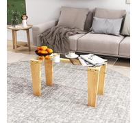 GIANTEX Table basse rectangulaire, table de soutien avec plateau en verre trempé transparent et cadre en bois de caoutchouc, table centrale pour canapé de style moderne pour salon, naturel