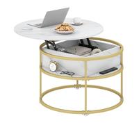 GIANTEX Table Basse Relevable, Aspect Imitation Marbre, Espace de Rangement Caché, 4 Étagères Latérales, Coussinet de Pied Réglable, Table d'Appoint pour Salon, Bureau, 80 x 80 x 49 cm, Blanc