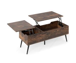 GIANTEX Table Basse Relevable, Table de Salon, 2 Compartiments Cachés, Poignée Découpée, Design Anti-Collision, 5 Pieds Robustes en Métal, Levage à Vérin à Gaz, pour Salon, Bureau, Marron