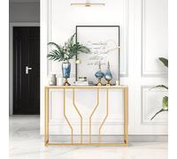 GIANTEX Table Console Aspect Marbre, Console Meuble Entrée avec Cadre Géométrique en Métal, Table d'Entrée Moderne, Table d'Appoint Étroite, pour Salon, Couloir, Chambre, 110x30x80 cm (Blanc doré)