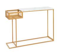 GIANTEX Table Console Dorée, Console d'Entrée avec Plateau en Faux Marbre & Panier de Rangement, Table d'Entrée en Cadre Métallique, Table de Canapé Moderne pour Salon, Entrée, Couloir, 110x30x80 cm