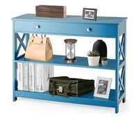 GIANTEX Table Console Entrée 3 Niveaux, Console Meuble avec 1 Grand Tiroir, 2 Étagères, Dispositif Anti-Basculement, Cadre en X, Meuble Entrée Étroite 100 X 30 X 80 CM, pour Couloir, Salon (Bleu)