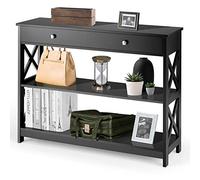 GIANTEX Table Console Entrée 3 Niveaux, Console Meuble avec 1 Grand Tiroir, 2 Étagères, Dispositif Anti-Basculement, Cadre en X, Meuble Entrée Étroite 100 X 30 X 80 CM, pour Couloir, Salon (Noir)