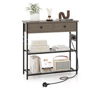 GIANTEX Table Console Étroite avec Prise, Meuble Console avec 1 Ports USB, 1 Type-C, Table d'Entrée Industriel avec 2 Tiroirs, 2 Étagères en Treillis Métallique, 81 x 30 x 81 cm (Gris chêne)