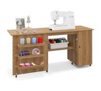 GIANTEX Table Couture Pliable, Meuble Machine à Coudre avec 4 Étagères, 6 roulettes, Armoire de Rangement avec Étagère Réglable, Bureau Couture pour Petits Espaces (158 x 60 x 75 cm, Marron)
