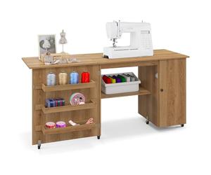 GIANTEX Table Couture Pliable, Meuble Machine à Coudre avec 4 Étagères, 6 roulettes, Armoire de Rangement avec Étagère Réglable, Bureau Couture pour Petits Espaces (158 x 60 x 75 cm, Marron)