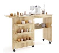 GIANTEX Table Couture Pliante, Meuble Machine à Coudre avec 4 Étagères pour Travaux Manuels, 5 roulettes, Armoire Couture avec Rangement pour Petits Espaces (118,5 x 40 x 79,5 cm, Naturel Clair)