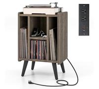 GIANTEX Table d'appoint pour tourne-disque avec station de charge, table de nuit avec compartiments de rangement en vinyle, étagère d'affichage de disques pour salon, chambre (gris chêne)