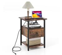GIANTEX Table de chevet avec station de charge, table de chevet avec 2 prises, table d'appoint, table basse, avec tiroir et étagères ouvertes, table de nuit, 40 x 40 x 55 cm, marron rustique