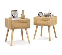 Giantex Table de Chevet Cannage, Table de Nuit Rotin, Chevet Lit Bois avec Tiroir, 4 Pieds en Pin, Table d'Appoint pour Salon, Chambre 40 x 40 x 55 cm, Naturel (2)