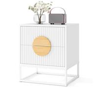 GIANTEX Table de Chevet Cannelée avec 2 Tiroirs, Table de Nuit, Poignées en Bois de Pin, Cadre en Métal, Charge 60 kg, Chevet de Lit, Style Mi-Siècle, pour Salon, Chambre à Coucher, Blanc