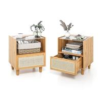 GIANTEX Table de chevet en bambou, table de chevet avec tiroir en rotin et compartiment ouvert, table basse avec plateau en verre, canapé en bois vintage, table de chevet avec fentes de passe-câbles