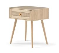 GIANTEX Table de chevet en bois avec tiroir en rotin, 48 x 40 x 58 cm, table de chevet avec pieds hauts en bois massif, table d'appoint pour chambre à coucher, salon, noir (naturel)