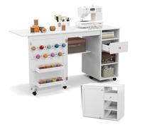 GIANTEX Table de Couture Pliante, Armoire à Couture avec 6 roulettes Verrouillables, 3 Étagères, 3 Compartiments Ouverts, 1 Tiroir, 18 Patères, Meuble Machine à Coudre pour Petits Espaces
