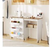 GIANTEX Table de Couture Pliante avec Roulettes Bureau Mobile avec Étagère de Rangement et 3 Boîtes 118 5x40x79 5cm Blanc+Naturel