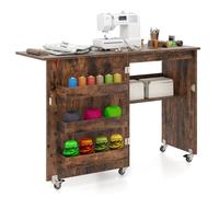 GIANTEX Table de Couture Pliante avec Roulettes, Bureau Mobile avec Étagère de Rangement et 3 Boîtes, 119 x 40 x 80 cm, Brun