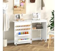 GIANTEX Table de Couture Pliante, Meuble Machine à Coudre Pliable avec 5 roulettes Verrouillables, 18 Crochets, 2 Plateaux, 1 Étagère, Bureau de Couture pour Salon, Studio (Blanc, 116 x 40 x 78 cm)