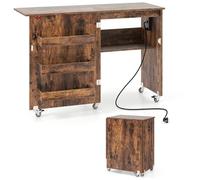GIANTEX Table de Couture sur roulettes, Meuble Machine à Coudre, Station de Recharge, 4 Plateaux Ouvert de Rangement, Grand Plan de Travail, Meuble Couture Pliant pour Salon, Bureau, Marron