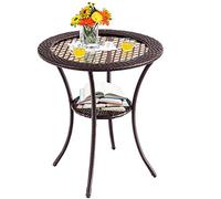 GIANTEX Table de Jardin Ronde à 2 Niveaux en Rotin PE, Surface en Verre Trempé, Montage Facile, Cadre en Métal, Table de Bistrot Extérieur pour Piscine, Patio, Balcon, 64 x 64 x 71,5 cm