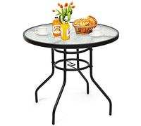 GIANTEX Table de Jardin Ronde, Table de Bistro avec Plateau Ø 80 cm en Verre Trempé et Trou de Parasol, Cadre en Métal Laqué pour Balcon, Terrasse, Jardin (Ronde)