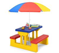 GIANTEX Table de Pique-Nique pour Enfants, Ensemble de Table et Chaises avec Pare-Soleil Amovible,Ensemble Salon de Jardin pour Enfants de Plus de 3 Ans, pour Jardin, Terrasse, Parc(Bleu+Jaune+Rouge)