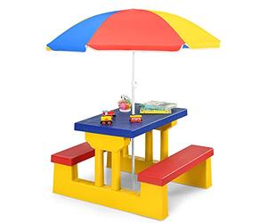 GIANTEX Table de Pique-Nique pour Enfants, Ensemble de Table et Chaises avec Pare-Soleil Amovible,Ensemble Salon de Jardin pour Enfants de Plus de 3 Ans, pour Jardin, Terrasse, Parc(Bleu+Jaune+Rouge)