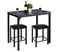 GIANTEX Table Haute de Cuisine & 2 Tabourets, Ensemble 3 Pcs de Salle à Manger pour 2 Personnes, Table Bar Cuisine Moderne & Compacte en Finition Faux Marbre, Mange-Debout pour Bistro, Salon (Noir)