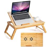 GIANTEX Table pour ordinateur portable pour lit, plateau de service réglable en bambou avec plateau inclinable à 4 niveaux et tiroir, support pliable pour le petit déjeuner, écrire et lire, naturel