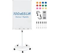 CostwayTableau Blanc Magnétique Mobile 100x65cm Tableau Effaçable à Sec Roulant Hauteur Réglable Support Rond Stable Blanc