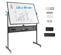 GIANTEX Tableau Blanc Mobile Double Face 120 x 90 cm, Tableau Magnétique sur Pieds Réglable en 2 Hauteur, Cadre en Métal, Panneau Perforé, 12 Aimants, Tableau Blanc Roulette, Noir