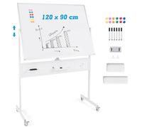 GIANTEX Tableau Blanc Mobile Double Face 120 x 90 cm, Tableau Magnétique sur Pieds Réglable en 2 Hauteur, Cadre en Métal, Panneau Perforé, 12 Aimants, Tableau Blanc Roulette, Blanc