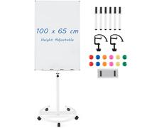 GIANTEX Tableau Blanc sur Pied 100 x 65 cm, Tableau Blanc Effacable à Roulettes, Hauteur Réglable, Face Magnétique, Porte-stylos, effaçable à sec, Gomme, Marqueurs, Aimants, Clips