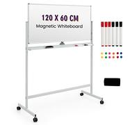 GIANTEX Tableau magnétique double face 120 x 60 cm avec roulettes, hauteur réglable à 360° avec 6 marqueurs, 12 aimants et 1 gomme, tableau noir réversible pour bureau, maison, école (blanc)