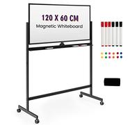 GIANTEX Tableau magnétique double face 120 x 60 cm avec roulettes, hauteur réglable à 360° avec 6 marqueurs, 12 aimants et 1 gomme, tableau noir réversible pour bureau, maison, école
