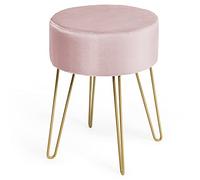 GIANTEX Tabouret Coiffeuse en Velours, Chaise Coiffeuse Chambre avec Pieds Dorés en Métal, Pouf Ottoman Rond, Repose-Pieds, Tabouret Velours pour Chambre, Salon, Vestiaire(Rose)