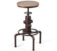 GIANTEX Tabouret de bar, réglable en hauteur, 59,5 à 75 cm, pivotant, rétro, rond, avec repose-pieds, industriel, en bois et métal, pour bar
