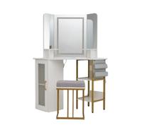 GIANTEX Tocador à angle avec miroir triple coiffeuse de maquillage avec lumières réglables en 3 couleurs, étagères ouvertes, armoire fermée et tabouret rembourré, table de maquillage pour chambre à