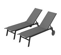 GIANTEX Transat Jardin Exterieur avec roulettes Lot de 2, Bain de Soleil en Métal, Dossier Réglable en 6 Positions, Tissu Respirant, Design Inclinable, Chaise Longue pour Terrasse, Jardin, Gris
