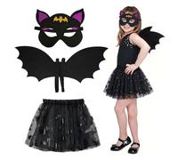 Gibocot Costume 3 pièces ailes de chauve-souris noires pour enfants de 3 à 10 ans pour Halloween, déguisement de vampire avec jupe tutu, masque pour les yeux de chauve-souris et ailes pour les tours