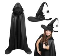 Gibocot Costume de sorcière noire pour femmes et adultes - Tenue d'Halloween 2 pièces avec cape à capuche de 150 cm et chapeau pointu, déguisement pour cosplay et fêtes (160-180 cm)