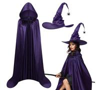 Gibocot Costume de sorcière violette pour femmes et adultes - Tenue d'Halloween 2 pièces avec cape à capuche de 150 cm et chapeau pointu, déguisement pour cosplay et fêtes (160-180 cm)