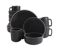 Gibson Home Zuma Service de table de cuisine rond 16 pièces pour 4 personnes, assiettes, bols, tasses, en grès mat, noir