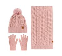 GIBZ Ensemble Bonnet Echarpe Gant Femme Hiver D'écran Tactile avec Doublure Polaire Pompon Chaud Tricotés Ensemble 3 en 1 Rose